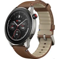 Amazfit GTR 4 (серебристый, с коричневым кожаным ремешком)